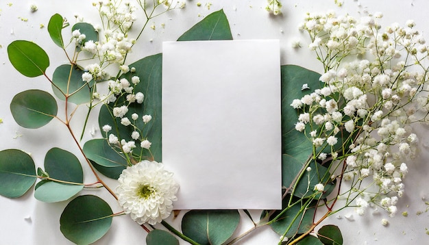 Feminine wedding mockup with babys breath Gypsophila flowers dry green eucalyptus leaves