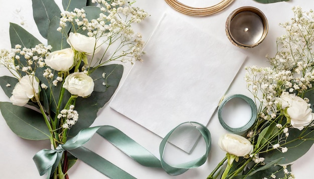 Photo feminine wedding mockup with babys breath gypsophila flowers dry green eucalyptus leaves