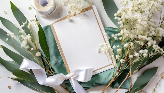Photo feminine wedding mockup with babys breath gypsophila flowers dry green eucalyptus leaves