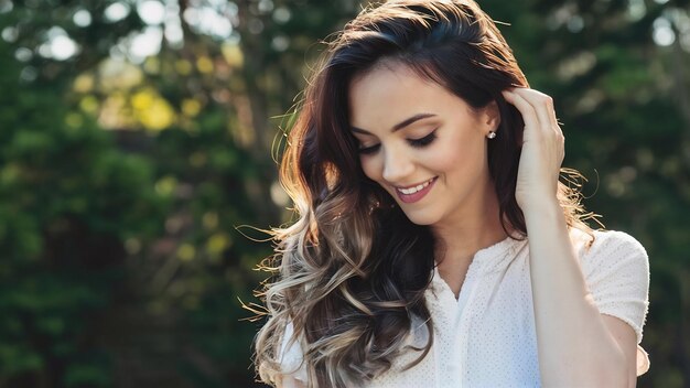 Feminine woman look down smiling and touch hair