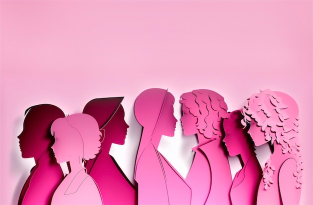 Feminisme gendergelijkheid meisjes silhouetteren papieren kunst op een roze achtergrond