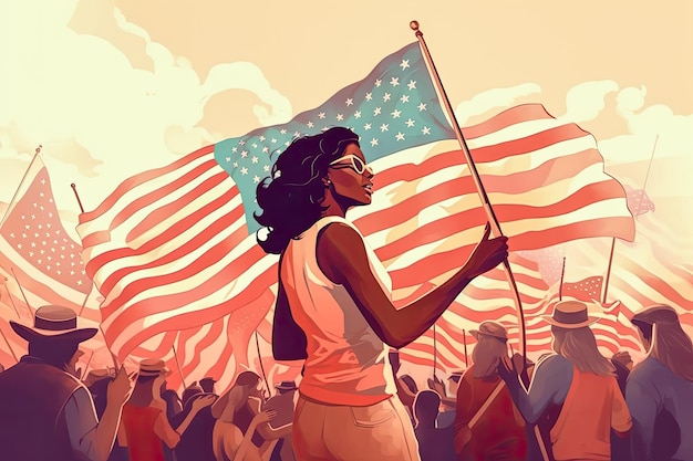 Feminist concept illustration celebrating the United States Independence Day African American women
