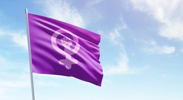 Феминистский флаг на голубом небе и копирование пространства для Международного дня женщин и феминистского активизма в 3D-иллюстрации 8 марта за независимость, расширение прав и возможностей женщин и активизм за права женщин