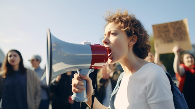 Feministische agitator schreeuwt door een megafoon tijdens een demonstratie met anderen in de buurt