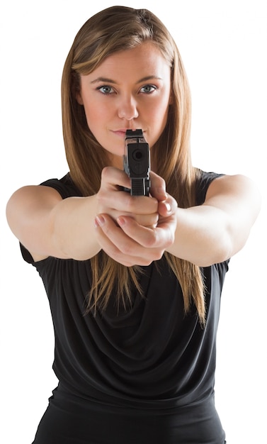 Photo femme fatale pointing gun at camera