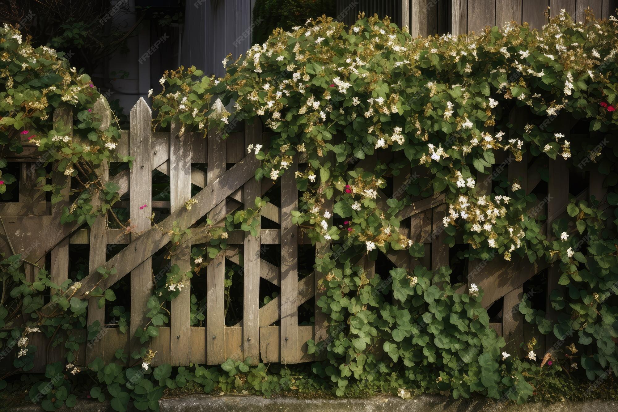 Premium AI Image | Fence draped in ivy with blooming flowers