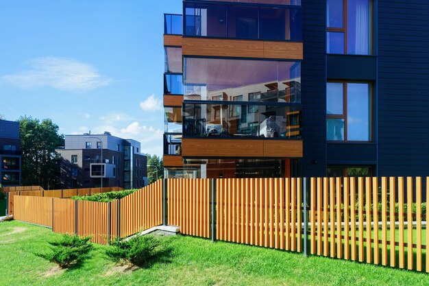 Fence at European architectural complex of apartment residential building. And outdoor facilities.