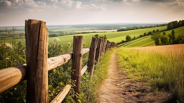 A fence on a farm with a green field in the background.