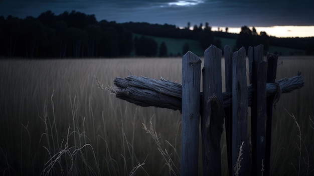 A fence in a field with a blue sky behind it