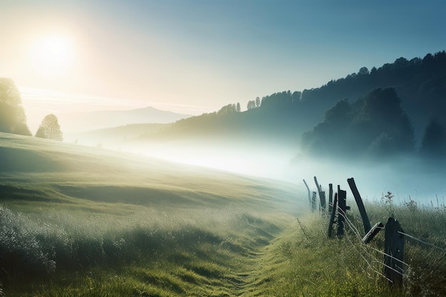 A fence in a field with a foggy sky