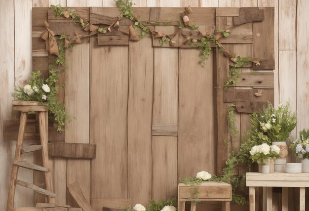 Забор и цветы на деревянном фоне