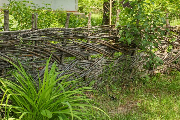 Fence made of tree branches boards