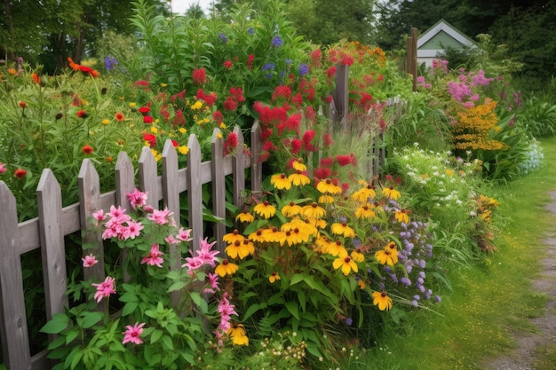 Fence surrounded by vibrant mix of flowers and greenery