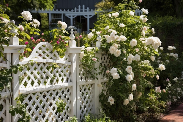 Fence with beautiful trellis and rose garden in the background