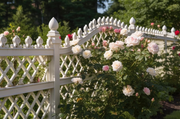 Fence with beautiful trellis and rose garden in the background