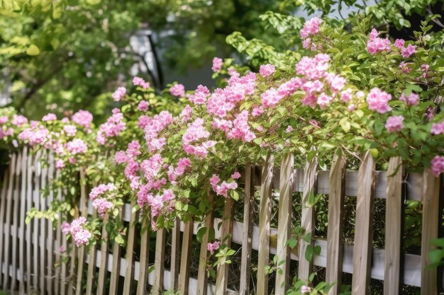 Fence with bushy greenery and bright blossoms behind it