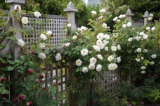 Fence with climbing roses and trellised arbor in the background