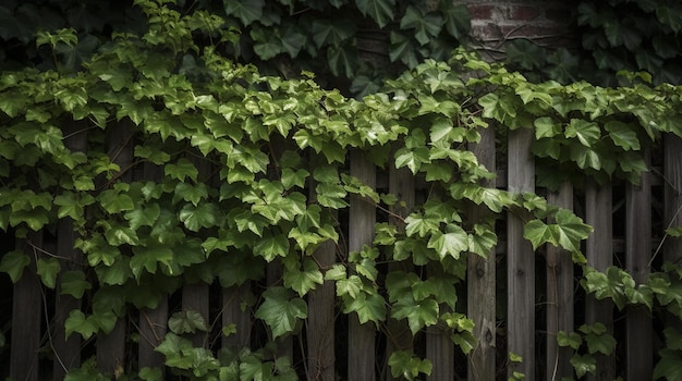 A fence with ivy on it and a man in a white shirt.