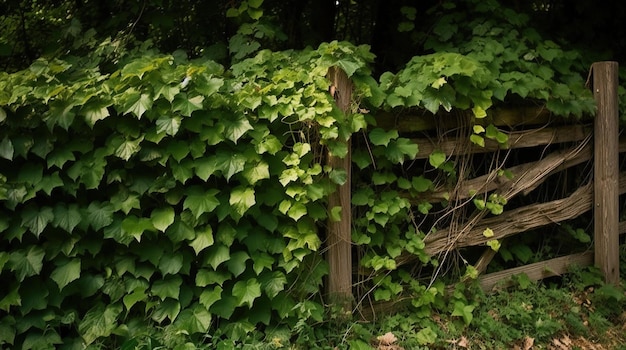 A fence with ivy on it and a wooden fence in the background.