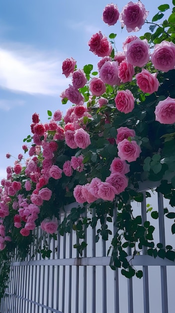 A fence with pink roses on it