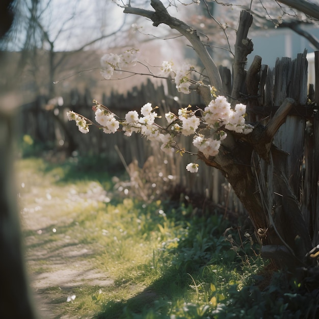 A fence with a tree with white flowers on it