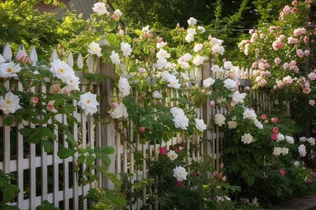 Fence with trellis climbing roses and blooming flowers in full bloom