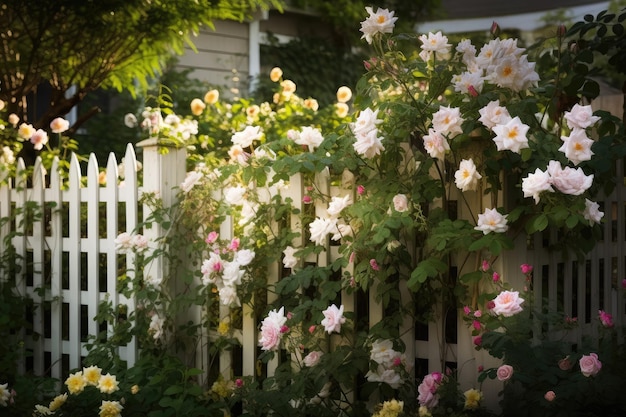 Fence with trellis climbing roses and blooming flowers in full bloom