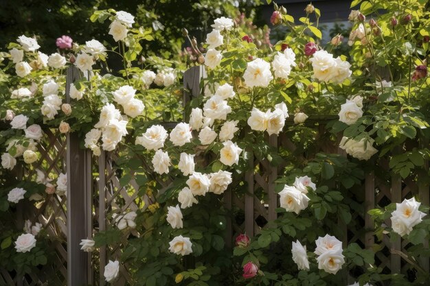 A fence with a trellis filled with climbing roses and other vines