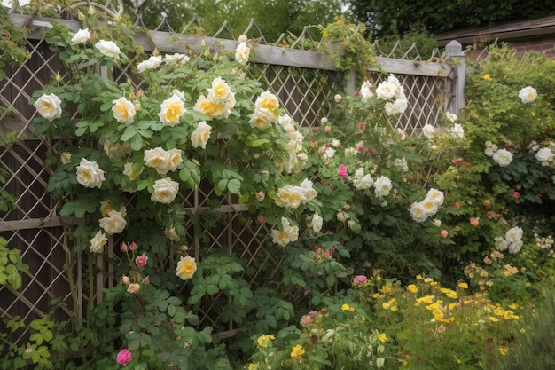 A fence with a trellis filled with climbing roses and other vines