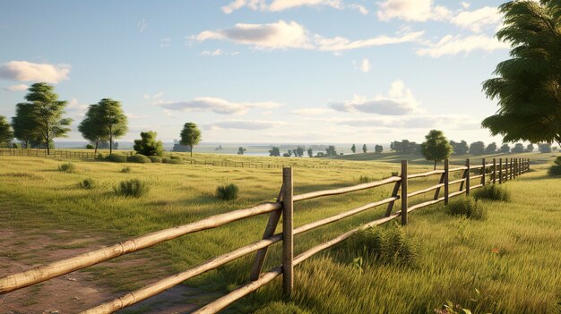 a fence with a wooden fence and a field with trees in the background