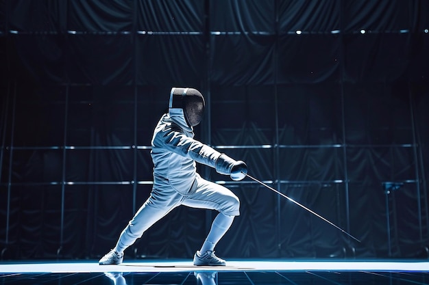 Fencer in a fencing costume performs on stage