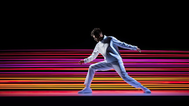 Fencer's rapid lunges create mesmerizing pattern in welllit salle