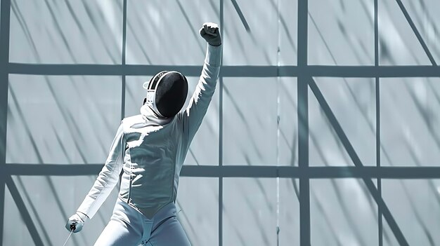 Photo fencer in a white uniform celebrates victory with raised fist