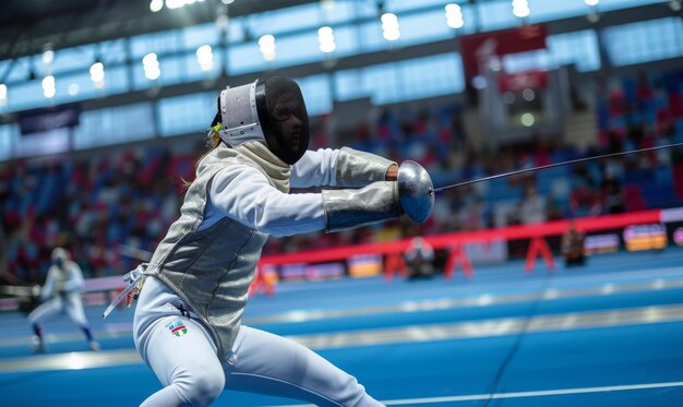 Photo a fencers body in action with the opponent and fencing area in the background