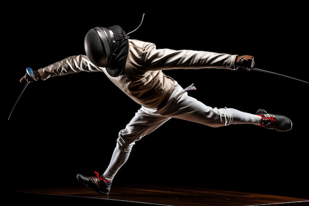 Fencing athlete in dynamic pose against black studio background