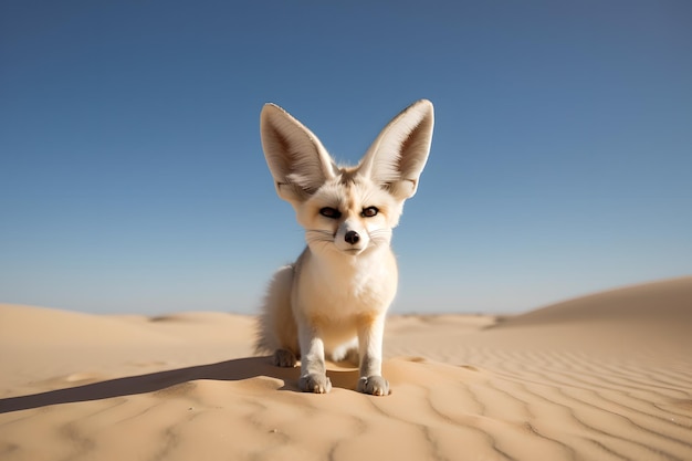 A fennec fox is sitting in the desert.