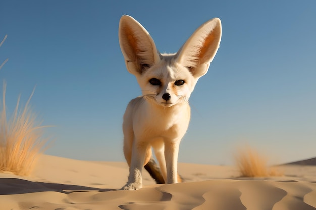 A fennec fox is walking in the desert.