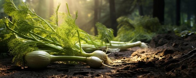 Photo fennel lying on garden filed fresh organic vegetable