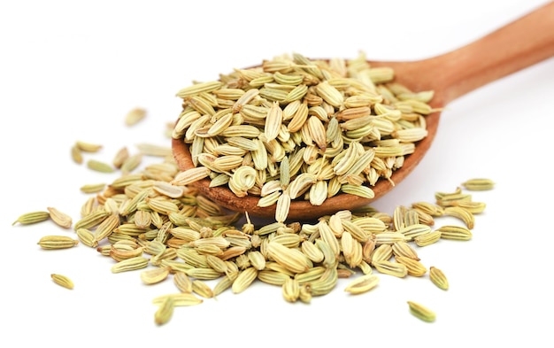 Fennel seeds in a wooden spoon over white background