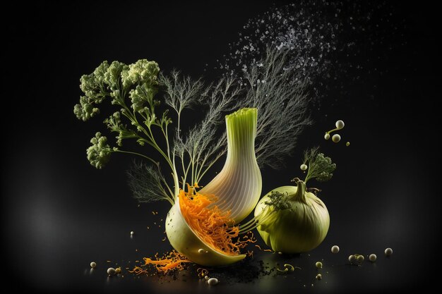 Fennel vegetables splash isolated on black background