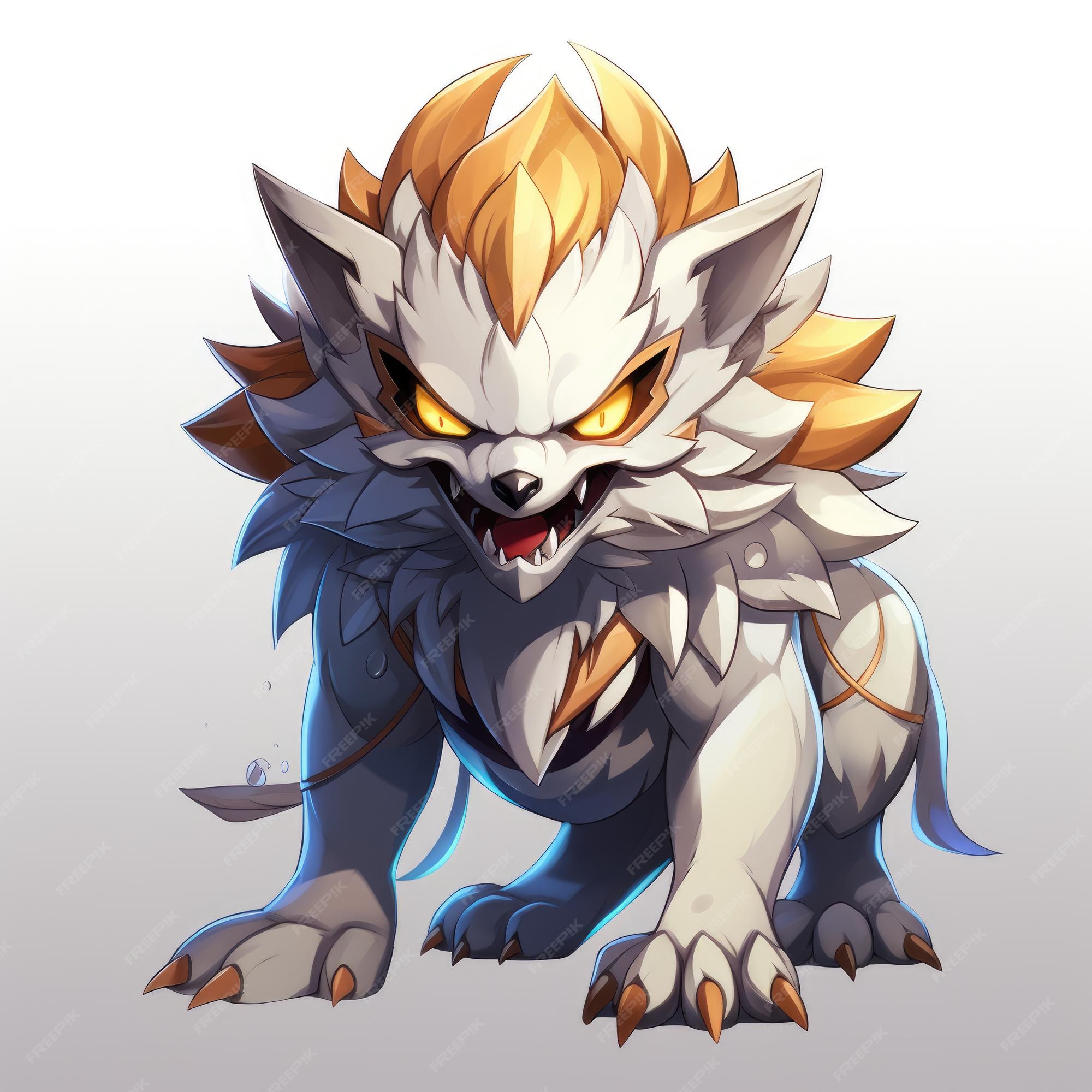 Fenrir, o pokémon lendário em uma aventura estilo desenho animado com fundo  branco