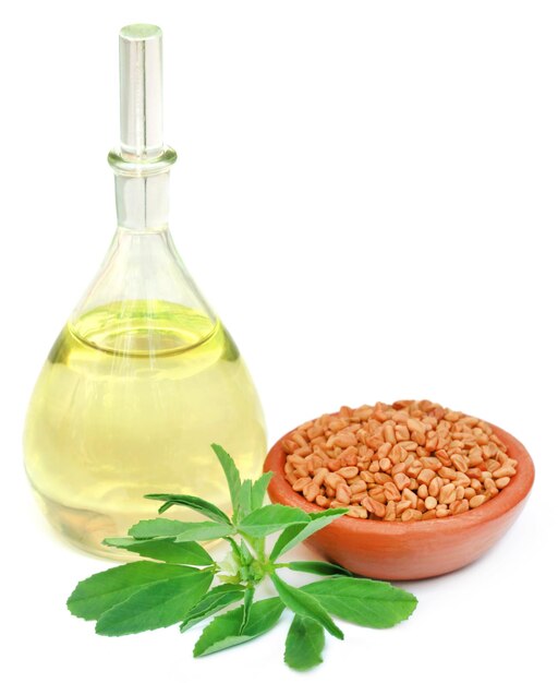 Fenugreek leaves with seeds and oil over white background