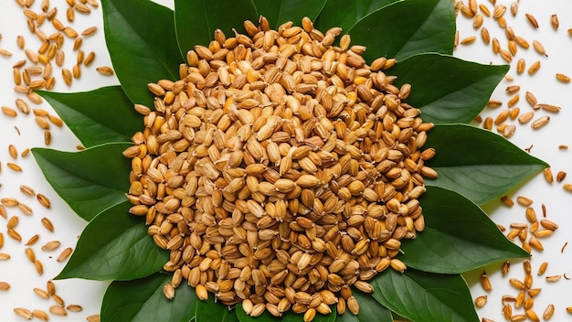 Fenugreek seeds with green leaves over white