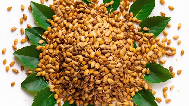 Fenugreek seeds with green leaves over white