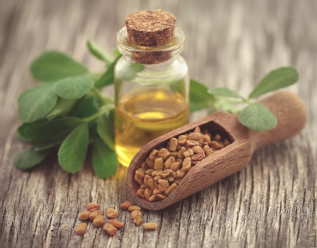 Fenugreek seeds with oil and green leaves on wooden surface