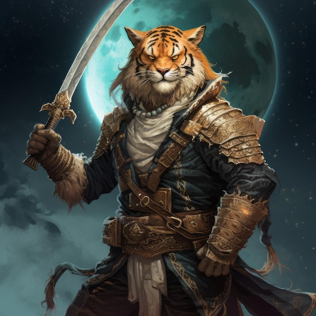 The Feral Buccaneer A Majestic Tiger Pirate Brandishing a Scythe Amidst a Starry Abyss