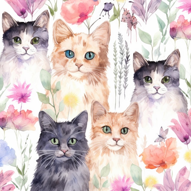 Feral Cat Frenzy A Captivating Watercolor Seamless Pattern