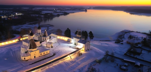 Photo ferapontovo winter monastery landscape, top view christmas religion architecture background