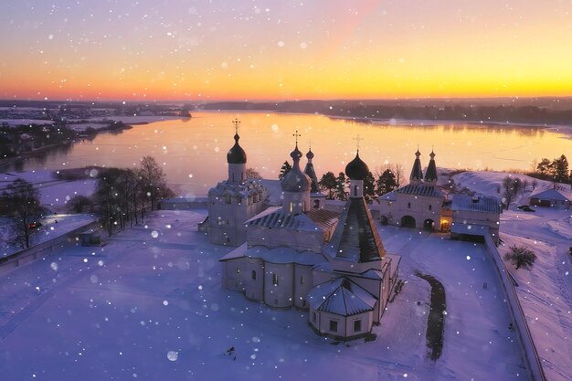 ferapontovo winter monastery landscape, top view christmas religion architecture background