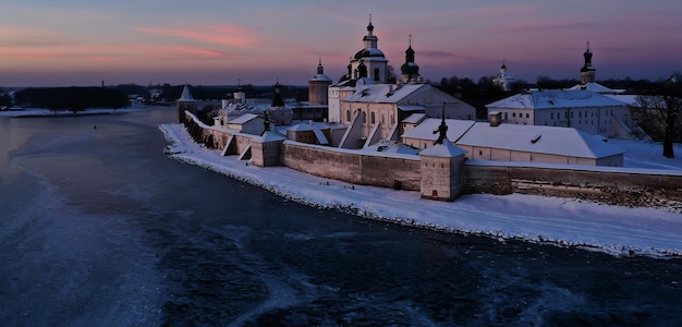 ferapontovo winter monastery landscape, top view christmas religion architecture background